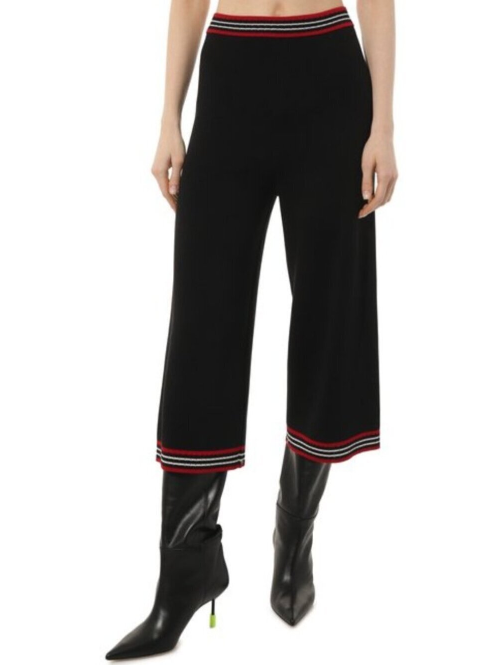 Gucci Black Knit Cropped Pants Red White Stripe Waist Silk Blend Wide Leg Size M